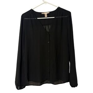 Forever 21 Contemporary Blouse Women S Black Sheer V-Neck Button Up Long Sleeve